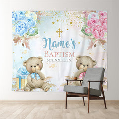 Lofaris Personalized Bears And Roses Blue Pink Baptism Backdrop