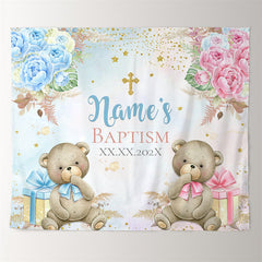 Lofaris Personalized Bears And Roses Blue Pink Baptism Backdrop