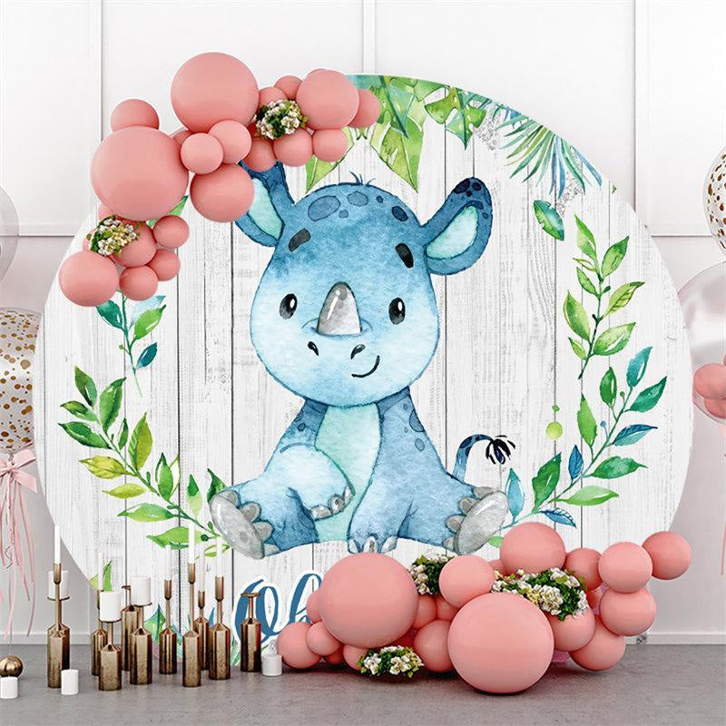 Lofaris Blue Rhinoceros With Wood Round Baby Shower Backdrop