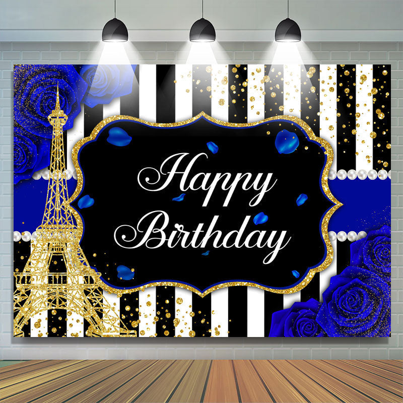 Lofaris Blue Roses and A Gold Eiffel Tower Birthday Backdrop