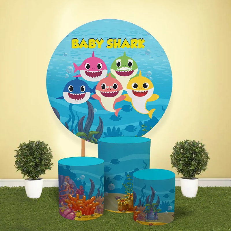 Blue Sea And Cartoon Shark Round Baby Shower Backdrop Kit – Lofaris