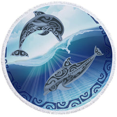 Lofaris Blue Sea Dolphins Ray Of Light Round Beach Towel