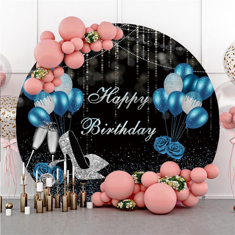 Lofaris Blue Silver Black Balloon Round Happy Birthday Backdrop