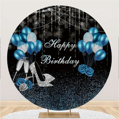 Lofaris Blue Silver Black Balloon Round Happy Birthday Backdrop