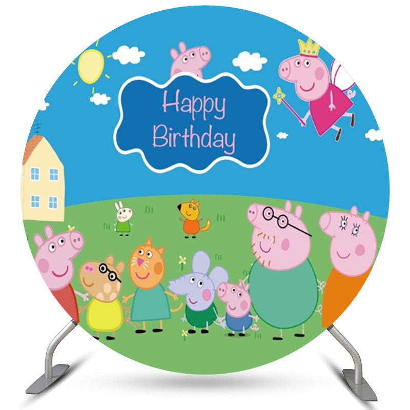 Lofaris Blue Sky And Glass Round Pig Family Birthday Backdrop