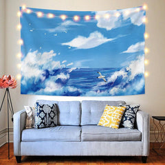 Lofaris Blue Sky Beach Landscape Painting Style Custom Tapestry