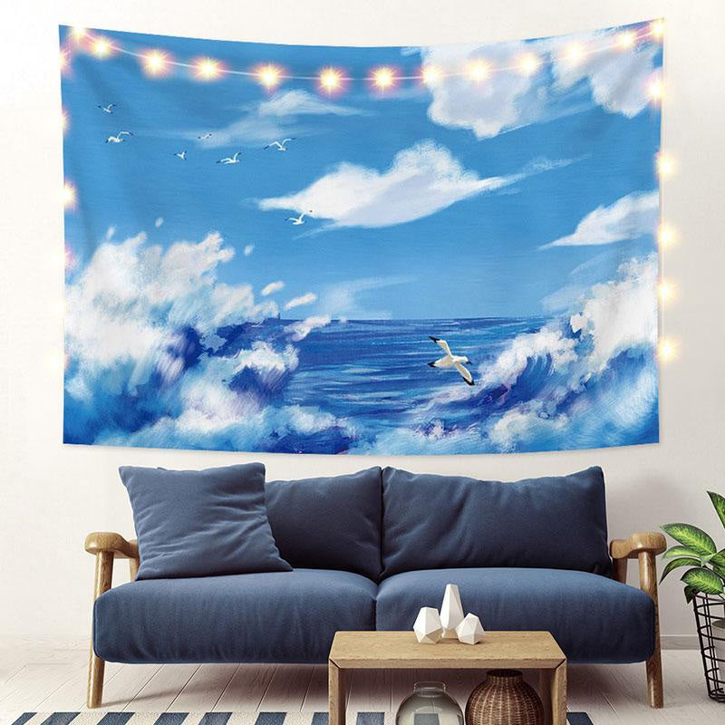 Lofaris Blue Sky Beach Landscape Painting Style Custom Tapestry