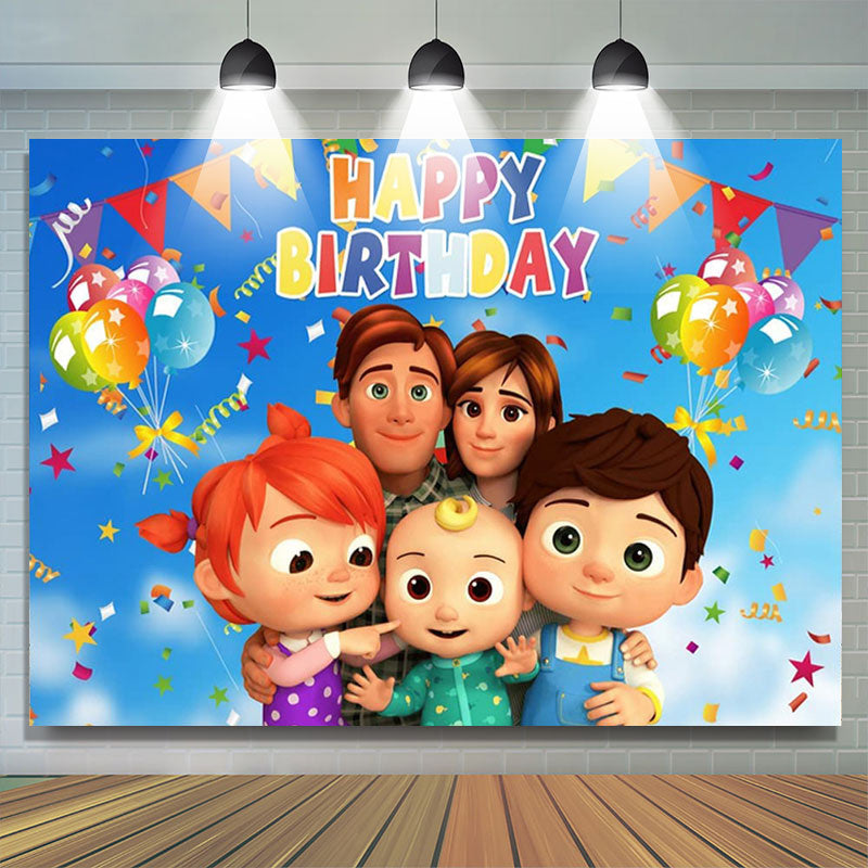 Lofaris Blue Sky Cartoon Happy Family Backdrop For Birthday