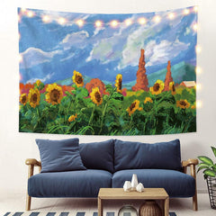 Lofaris Blue Sky Floral Mountain Painting Style Custom Tapestry