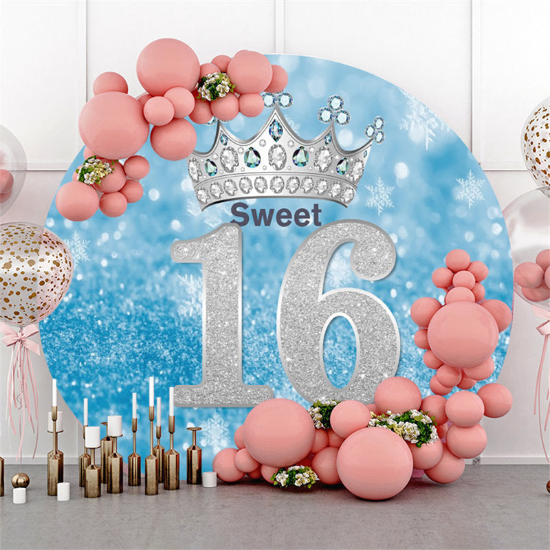 Lofaris Blue Silver Bokeh Glitter Round 16th Birthday Backdrop