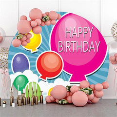 Lofaris Blue Stripes And Ballon Circle Happy Birthday Backdrop