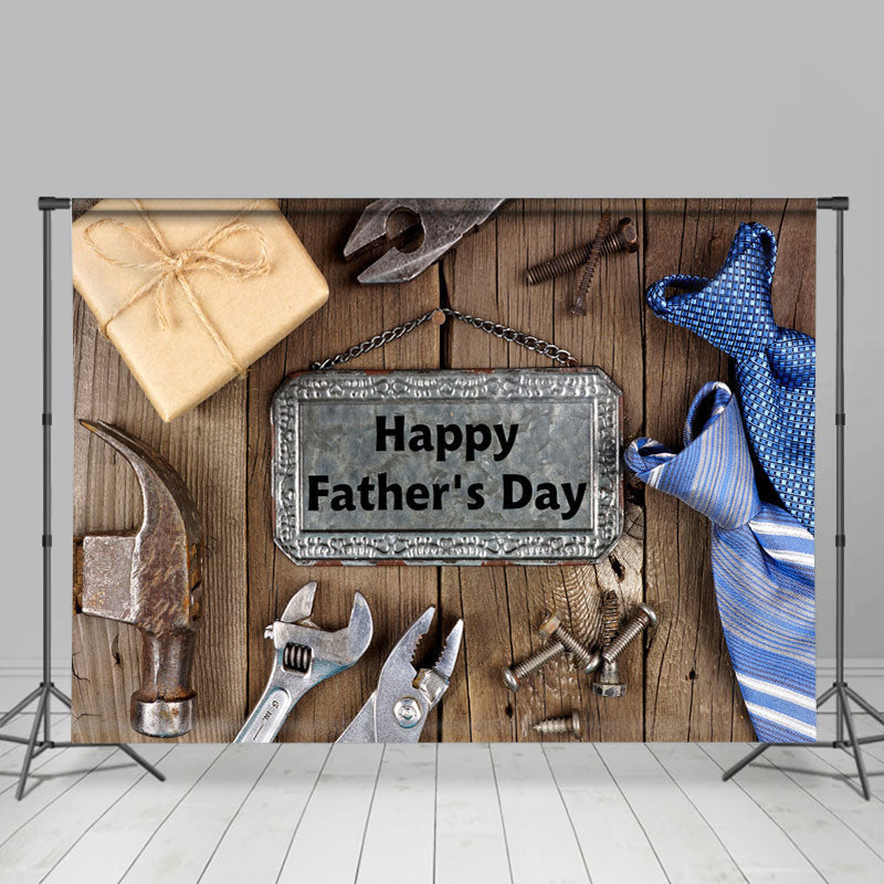 Lofaris Blue Tie With Tools Wooden Happy Fathers Day Backdrop