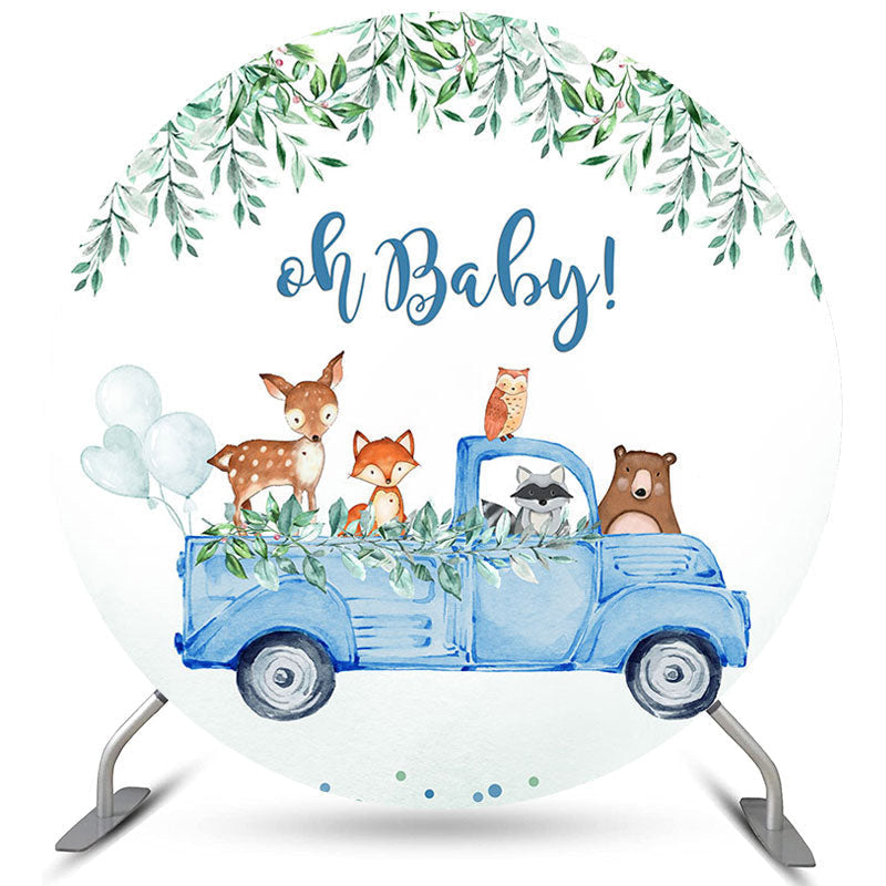 Lofaris Blue Truck Green Leaf Animals Baby Shower Round Backdrop