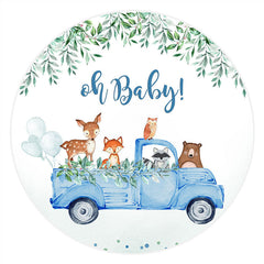 Lofaris Blue Truck Green Leaf Animals Baby Shower Round Backdrop