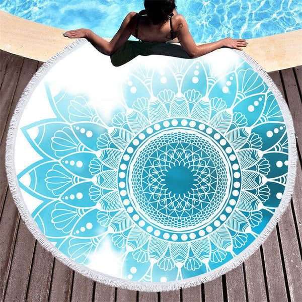 Blue White Bohemian Mandala Style Round Beach Towel - Lofaris