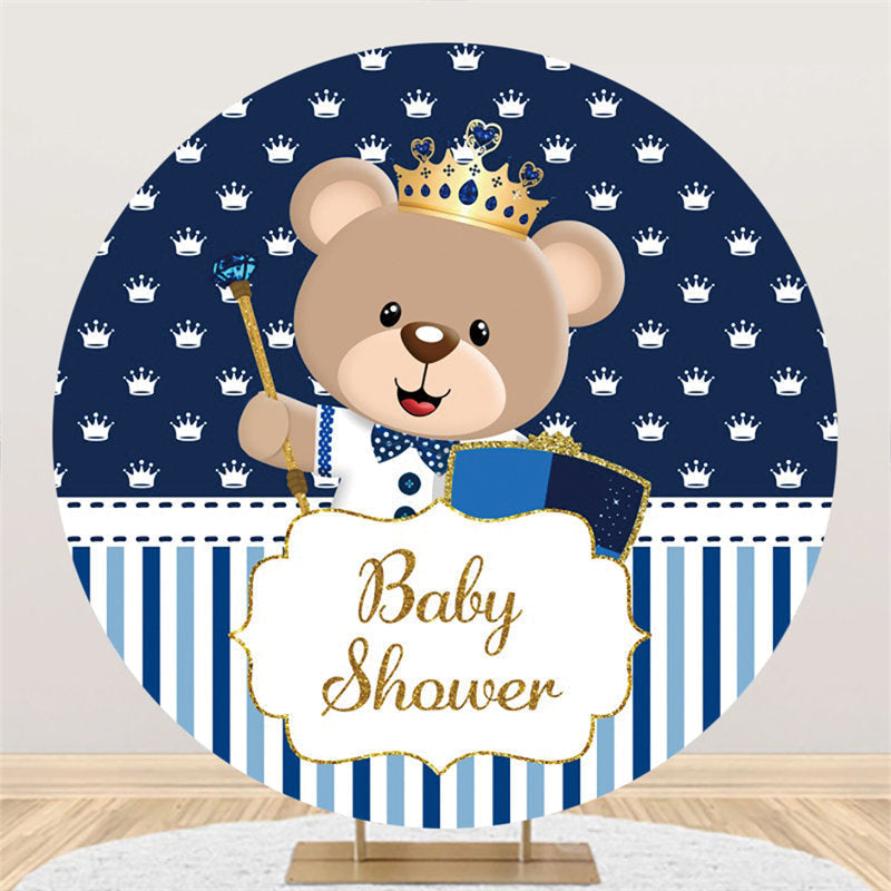 Blue White Stripe Bear Theme Baby Shower Round Backdrop -Lofaris