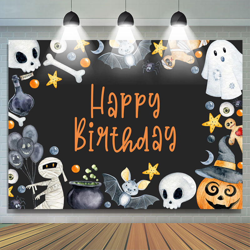 Lofaris Boo And Pumpkin Halloween Theme Black Birthday Backdrop