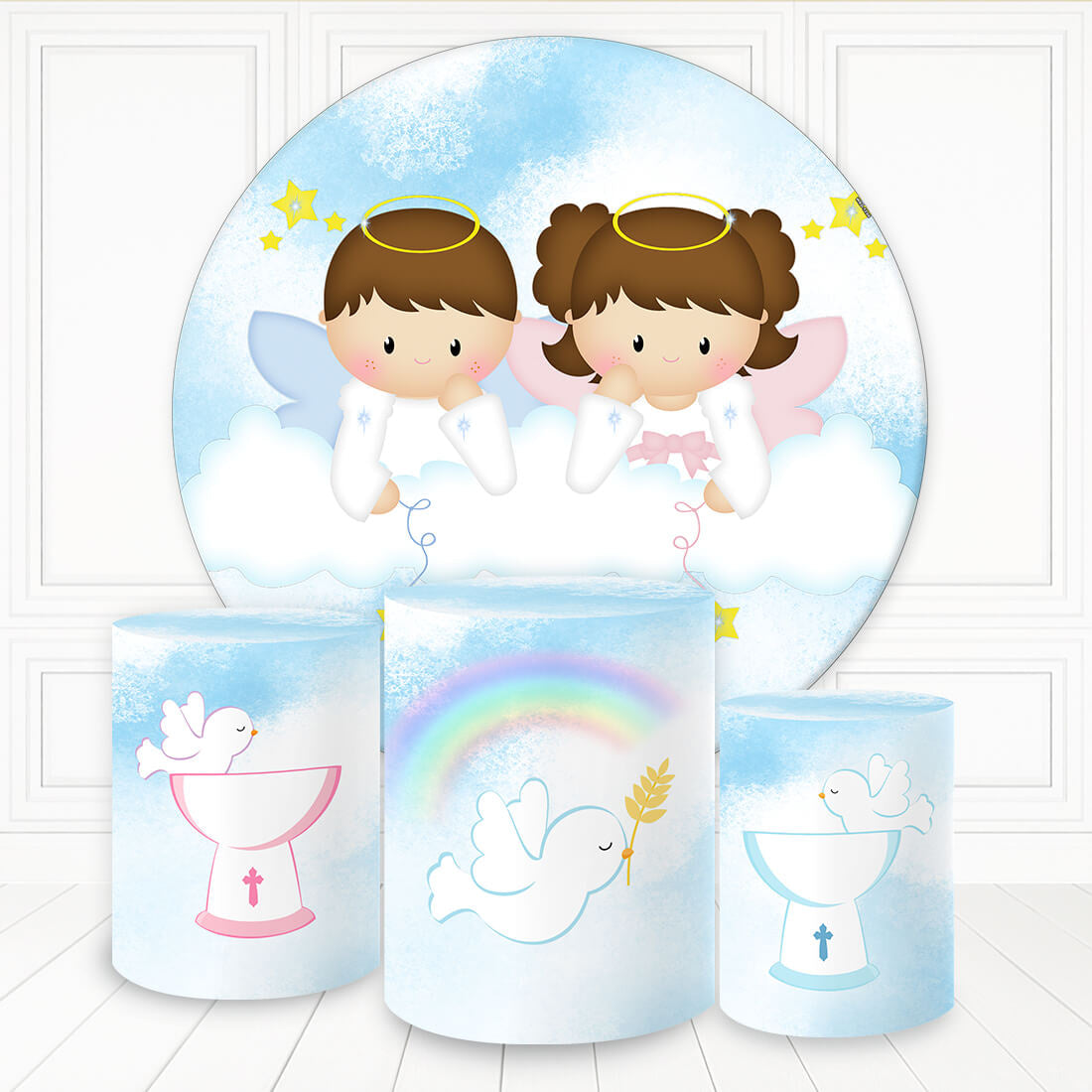 Boy And Girl Angels Cloud Sky Round Baby Shower Backdrop Kit – Lofaris