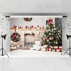 Lofaris Brick Fireplace Bear Gifts Christmas Tree Backdrops