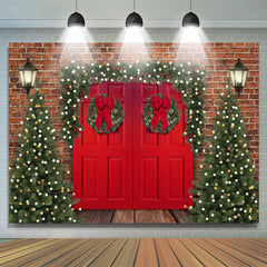 Lofaris Brick Red Door Christmas Tree Lights Wood Floor Backdrop