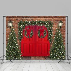 Lofaris Brick Red Door Christmas Tree Lights Wood Floor Backdrop