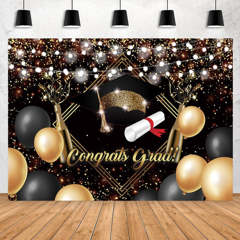 Bright Gold And Balloon Glitter Congrats Grad Backdrop - Lofaris