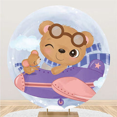 Lofaris Brown Bear And Purple Airplane Round Baby Shower Backdrop