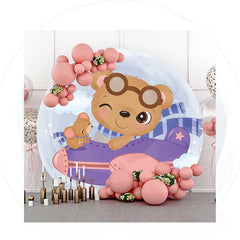 Lofaris Brown Bear And Purple Airplane Round Baby Shower Backdrop