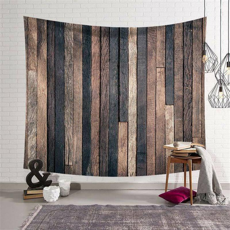 Lofaris Brown Rustic Wood Board Plank Geometric Wall Tapestry