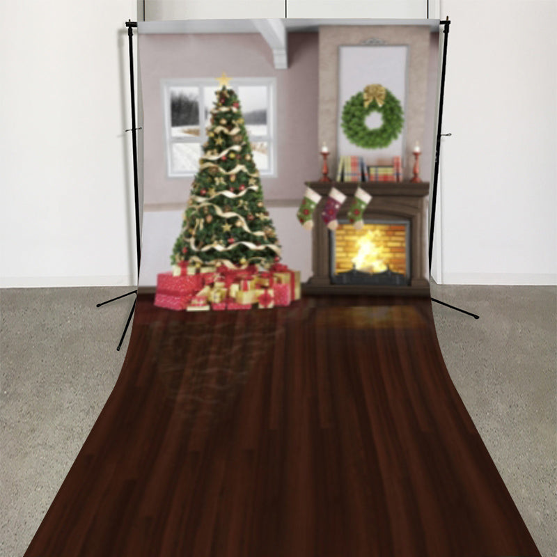 Lofaris Brown Wood Floor Christmas Tree Backdrop For Photo