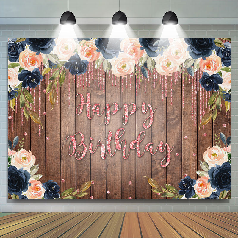 Lofaris Brown wood Flower Glitter Pink Happy Birthday Backdorp