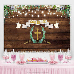 Lofaris Brown Wood Green Leaves God Bless Baby Shower Backdrop