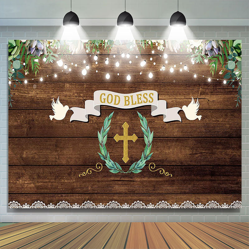 Lofaris Brown Wood Green Leaves God Bless Baby Shower Backdrop