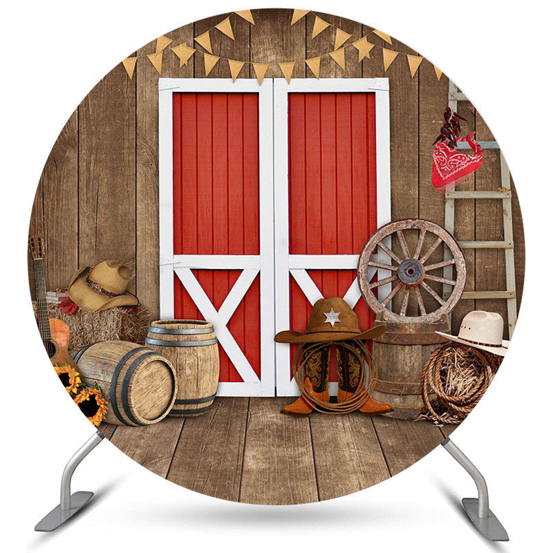 Lofaris Brown Wood Red Door Cool Cowboy Round Baby Shower Backdrop