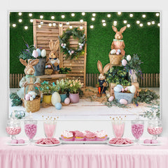 Lofaris Bunny And Green Leaves With Wooden Door Backdrop