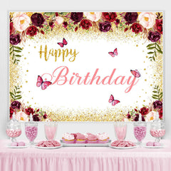 Lofaris Burgundy And Gold Floral Butterfuly Birthday Backdrop