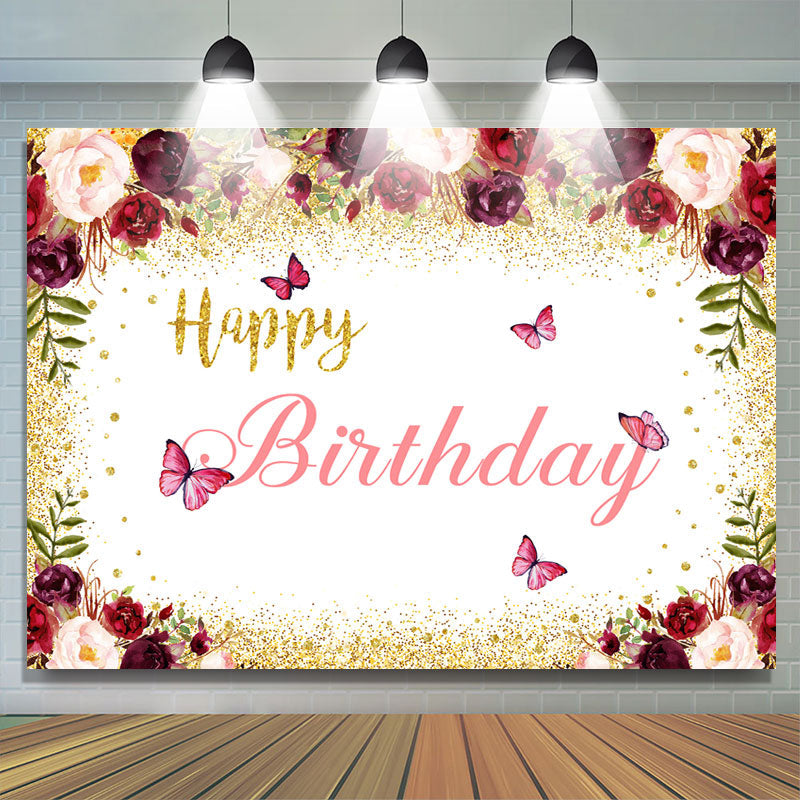 Burgundy And Gold Floral Butterfuly Birthday Backdrop