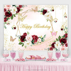 Lofaris Burgundy And Pink Flower Butterfly Birthday Backdrop