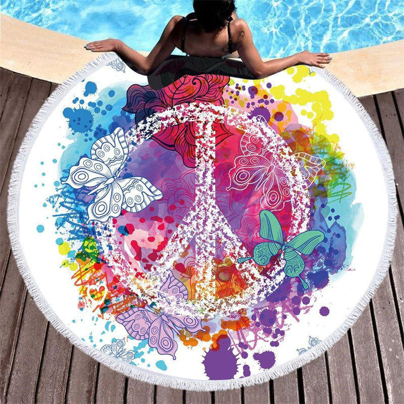 Lofaris Butterfly Graffiti Peace Sign Round Summer Beach Blanket