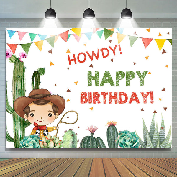 Cactus And Little Cowboy Howdy Happy Birthday Backdrop