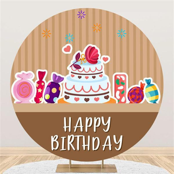 Lofaris Cake And Candy Brown Round Happy Birthday Backdrop