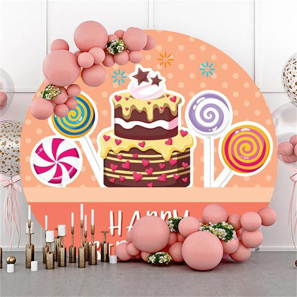 Lofaris Cake And Candy Orange Round Happy Birthday Backdrop