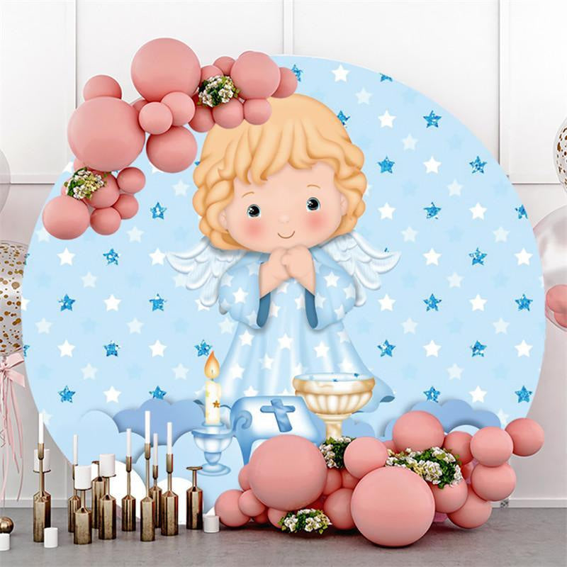 Lofaris Cartoon Angel Baby Blue Cloud Star Round Party Backdrops