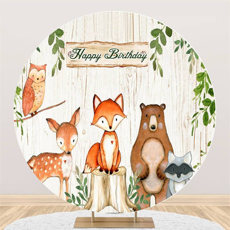 Lofaris Cartoon Animal And Wooden Round Happy Birthday Backdrop