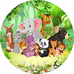 Lofaris Cartoon Animals Jungle Round Happy Birthday Backdrop