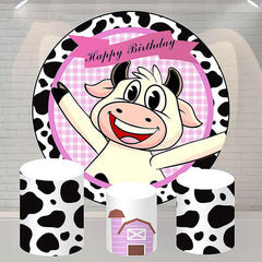 Lofaris Cartoon Black White Cow Round Happy Birthday Backdrop