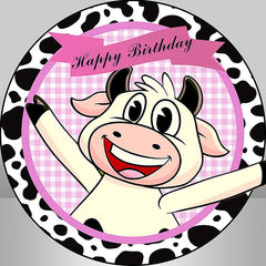 Lofaris Cartoon Black White Cow Round Happy Birthday Backdrop