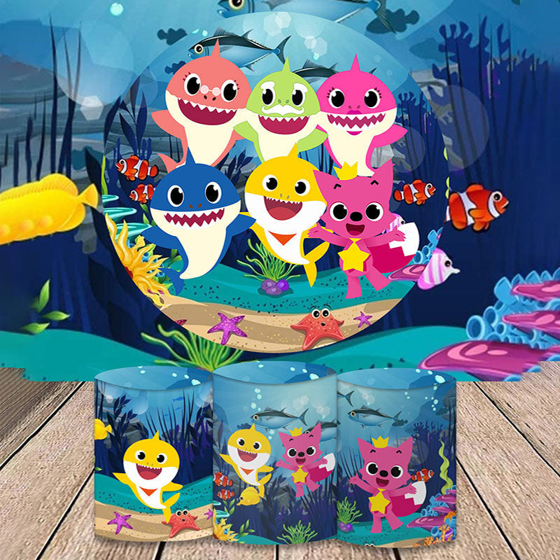 Lofaris Cartoon Film Sea World Shark Round Birthday Backdrop Kit