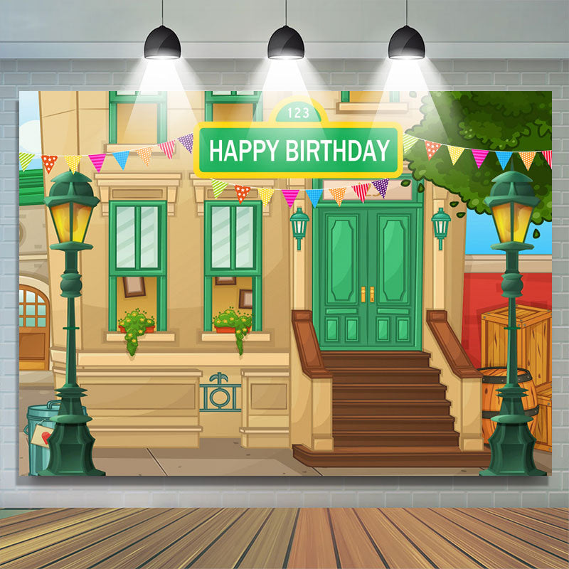 Lofaris Cartoon House And Green Lamp Happy Birthday Backdrop