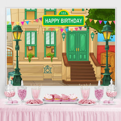 Lofaris Cartoon House And Green Lamp Happy Birthday Backdrop